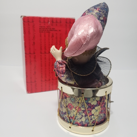 VTG Porcelain Harlequin Jester Clown In A Drum Animated Music Box "Toy Land" - Picture 5 of 11